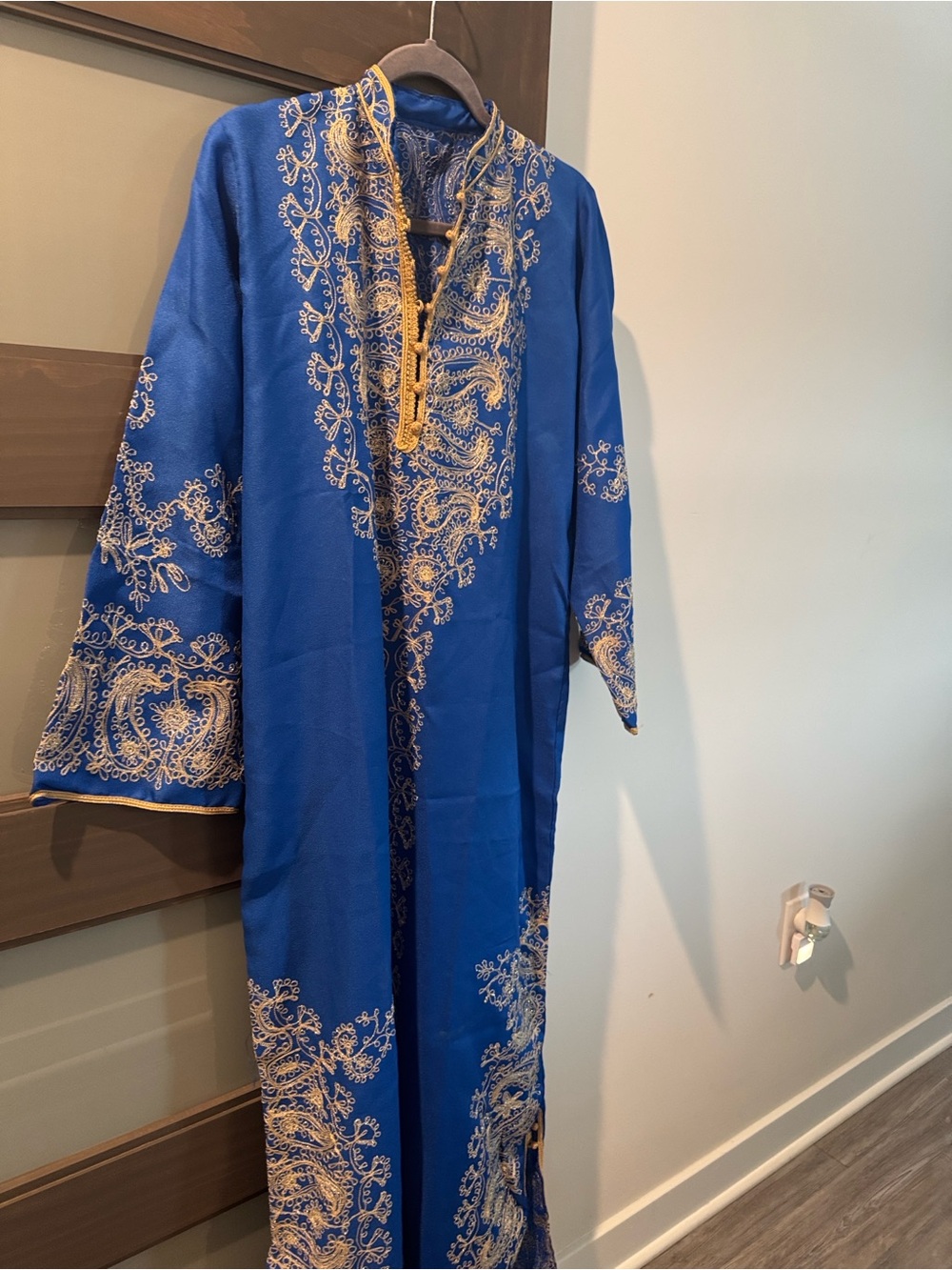 Vintage Blue Maxi Dress with Gold Embroidery